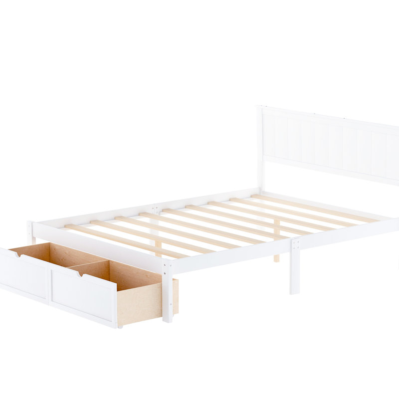Lit plateforme double avec tiroirs de dessous en blanc radiant - Fabriqué en pin et pour une chambre à coucher lumineuse