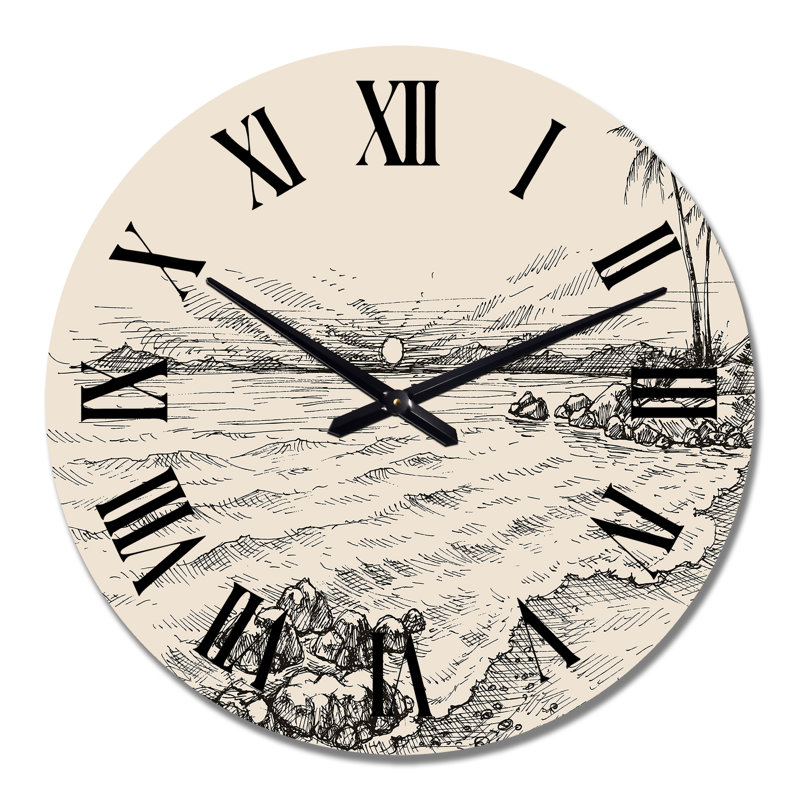 Vintage vue sur la mer et palmiers sur la côte - horloge murale nautique et côtière, Grand