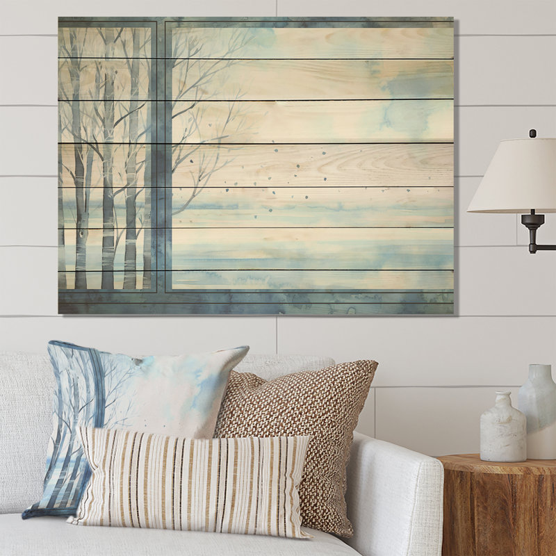 «White and Blue Winter Forest Collage VII», paysage d'hiver sur bois, H 34 po x l 44 po