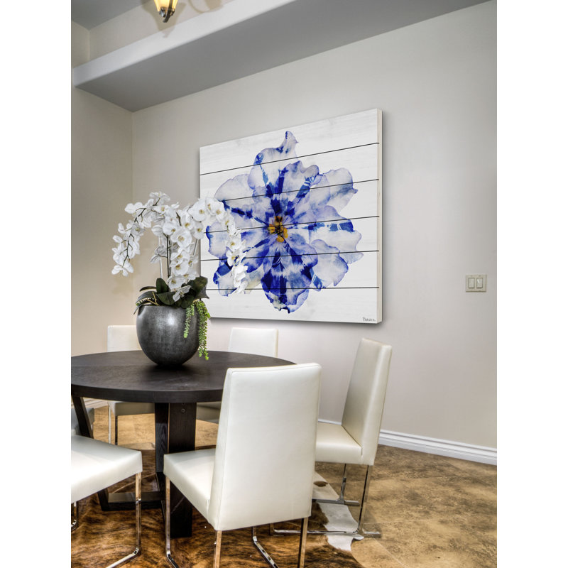 Blue and White Flower Print on White Wood Canvas, 40" x 40"