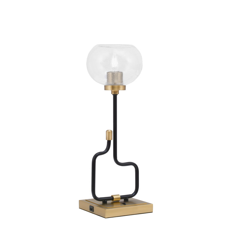Lampe d'appoint Amarmula, avec ports USB, fini noir mat et laiton vieilli, verre bullé transparent de 7 po, Doré, Clair