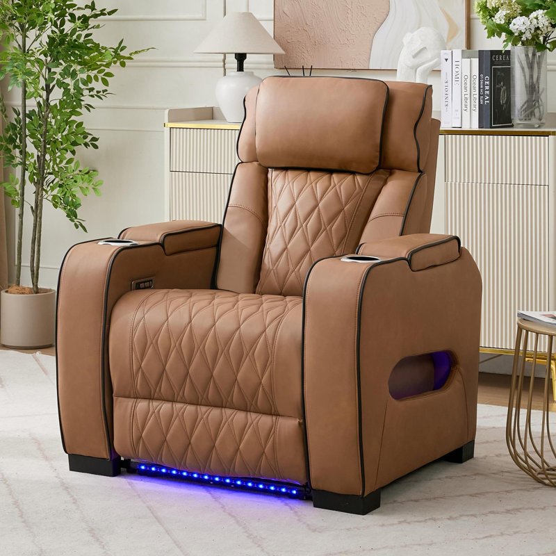 Sizemore Power Reclining Pu Leather With Cup Holders Living Room Recliner Brown, Brown