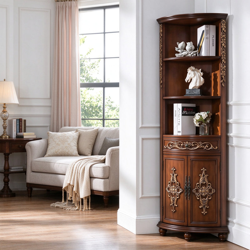Bibliothèque de coin antique en bois sculpté avec rangement
