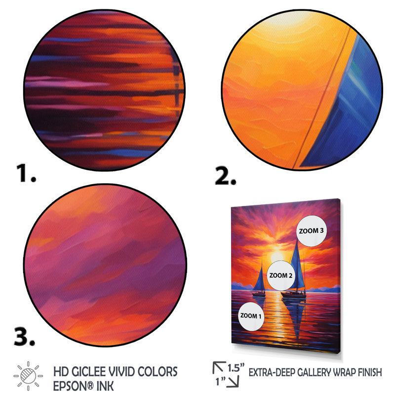 Voilier au coucher du soleil sur une toile, L 34 po x H 44 po, Cadre flottant doré