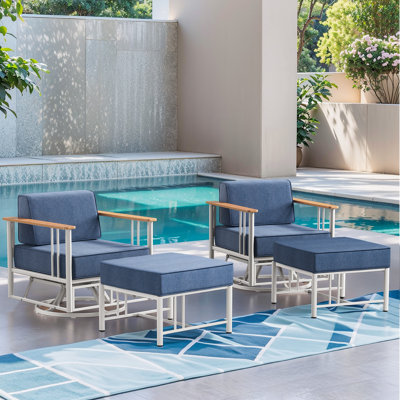 Timberloft Outdoor Patio Swivel Glider Chair With 6" Thickness Cushionsand Ottomans