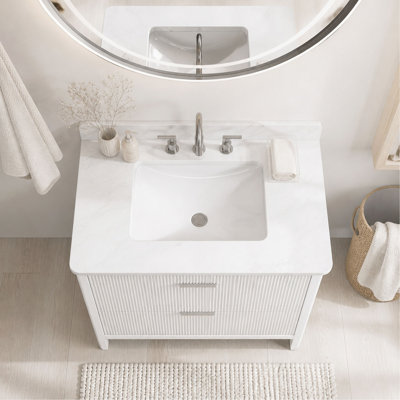 Meuble-lavabo de salle de bain, 36 po, blanc, autoportant, lavabo simple, 2 ensembles de poignées, plateau en marbre d'ingénierie, entièrement assemblé