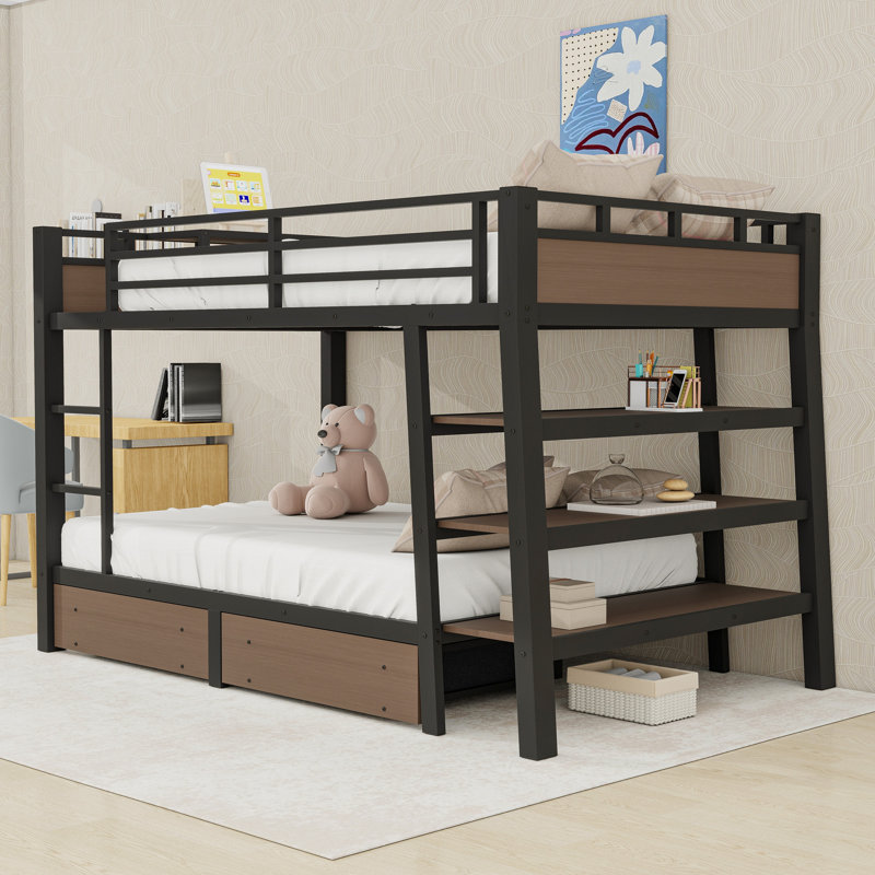 Metal Bunk Bed with Built-in Outlet and Extensive Storage, Full Over Full
