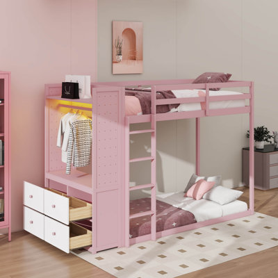 Bunk Bed With 4 Storage Drawers, Hanging Rail, Light Strip And Built-In Shelves & Dual Pegboards