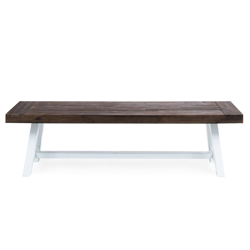 Dark Brown Sandblast Wood Dining Bench, White Rustic Metal Frame, 63" In Length For Outdoor Space Frame Wide Bench With Slat Panel Top Use