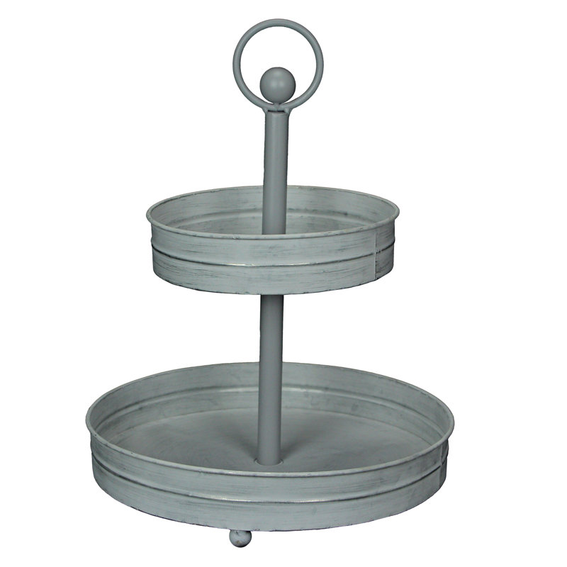 Support de plateau rond en métal galvanisé blanc vieilli à 2 niveaux pour table de cuisine - 12 po de diamètre x 16 po de hauteur