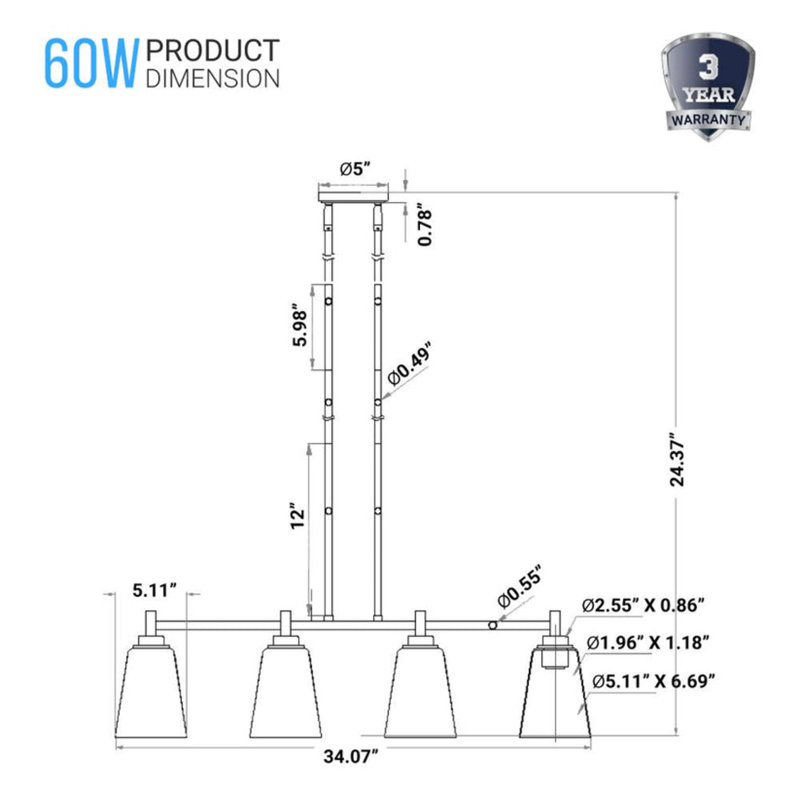 4-Lights Island Linear Pendant Light with Clear Glass Shade (BULB NOT INCLUDED)