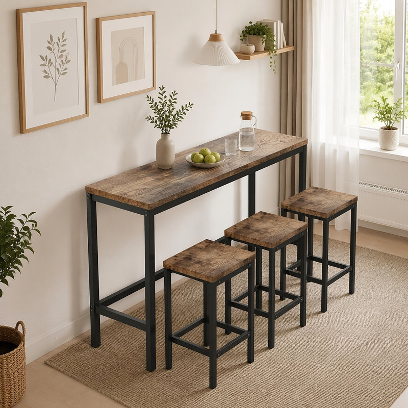 Long Dining Table Set with 3 Stools, Easy Assembly