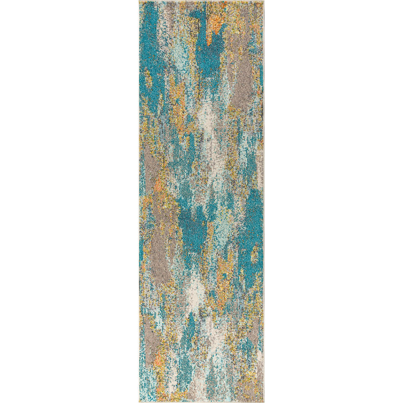 Lasley Contemporary POP Modern Abstract Vintage Waterfall Blue/Brown/Orange Rug, Runner 2'3" x 8'