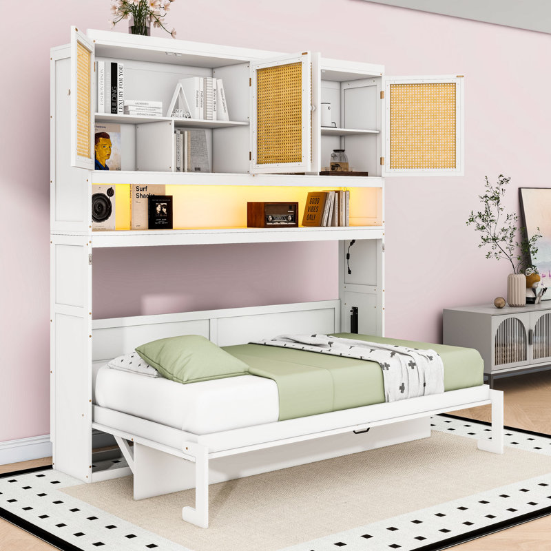 Lit escamotable simple avec bureau intégré et lumière DEL, port USB, Blanc