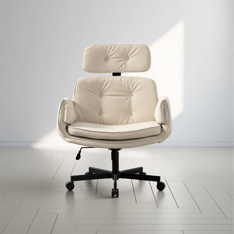33.86"W Tilting Office Chair with Adjustable Armrest, Faux Leather, Beige