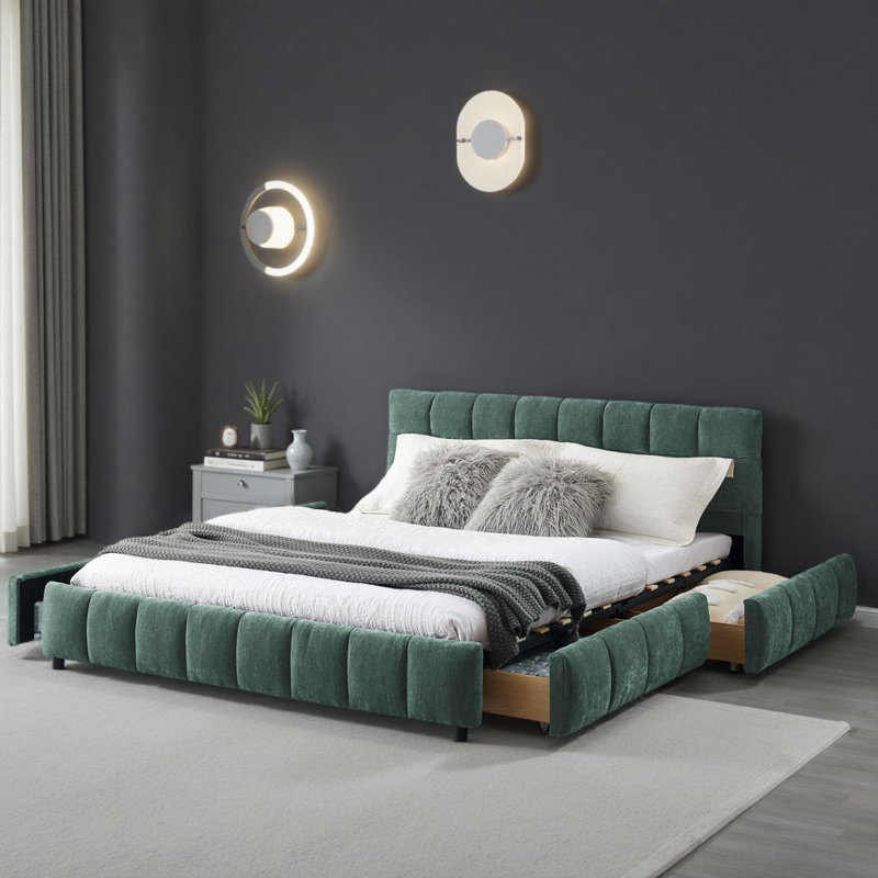 Structure de lit tapissier en chenille moderne avec tiroirs de rangement, Grand lit, Vert