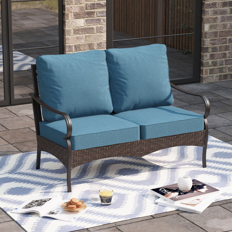 53'' Wide Metal Outdoor Loveseat with Cushions & Wicker Decor, Denim Blue