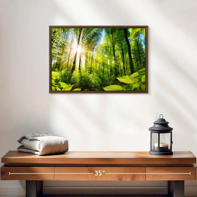 Forêt ensoleillée, 19 po x 13 po, Cadre flottant noyer
