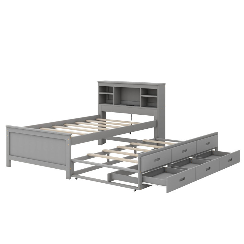 Lit plateforme avec tête de lit avec rangement, ports USB, lit gigogne simple et 3 tiroirs, Gris, Lit simple