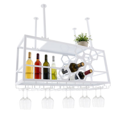 39.37Inch 2-Tier Rectangular Hanging Ceiling Mounted Iron Wine Bottle Holder Rack Max Load 150Lbs White by Red Barrel Studio