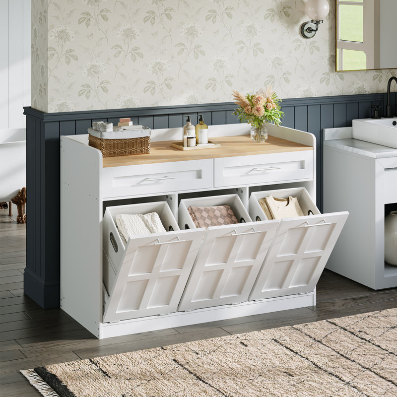 Tilt-out Laundry Hamper Cabinet With 2 Drawers And 3 Removable Baskets, Farmhouse Laundry Organizer, Particleboard Storage For Bathroom, Laundry Room