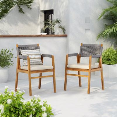 Ensemble de 2 chaises de patio pour l'extérieur, fauteuil en bois d'acacia avec coussin, corde grise