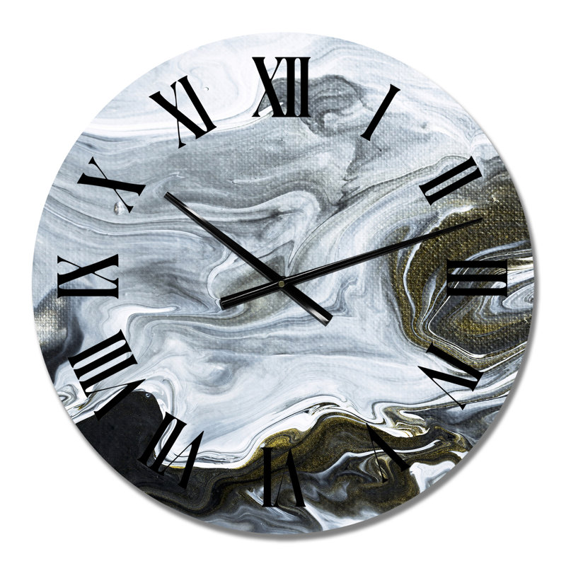 Art liquide abstrait en marbre noir et blanc - horloge murale moderne, Moyen