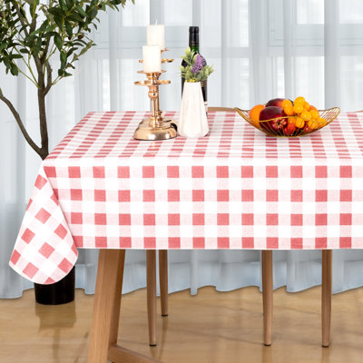 Checkered Vinyl Tablecloth with Flannel Backing,60" x 120",Red White Rectangle