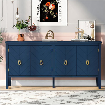 Buffet bleu marine avec motifs géométriques captivants et poignées en métal rétro élégance intemporelle en bleu, motifs, poignées rétro,