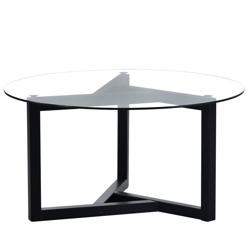 Table de salon en verre trempé noir, table de thé noire simple avec base en bois, 18.01" H x 35.17" L x 36.44" W, Noir