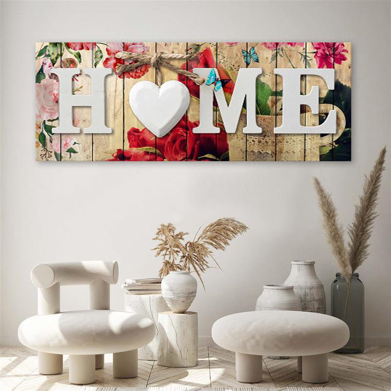 Leinwandbild Inschrift Home Rustikaler Hintergrund Blumen