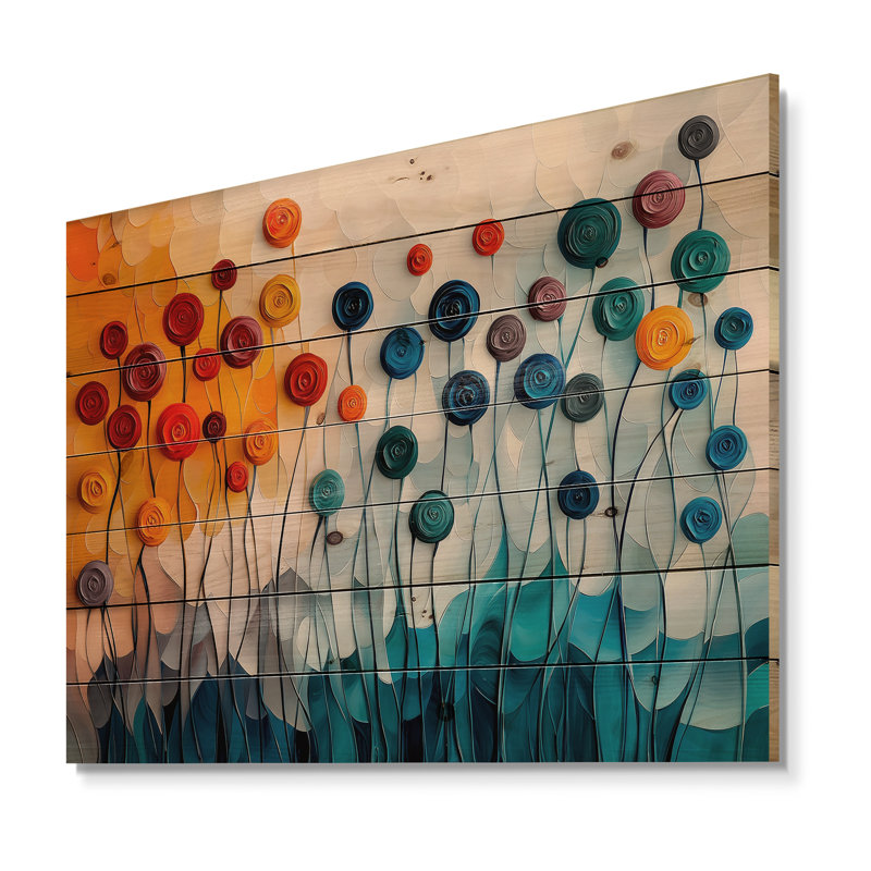 Fantasy Field Of Ranunculus Flowers IV - Ranunculus Wood Wall Art - On Natural Pine Wood, 10" H x 20" W x 0.78" D