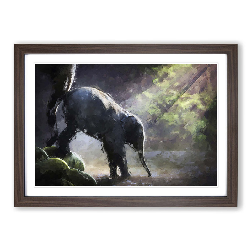 Mother Elephant Encouraging Baby in Abstract - Picture Frame Painting Print on MDF, 27cm H x 36cm W x 2cm D, Walnut Framed