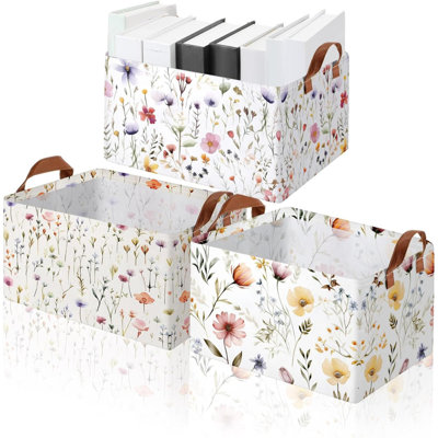 3 Pcs Wildflowers Storage Bin Wildflowers Collapsible  Storage Baskets For Gifts Canvas Laundry Basket Foldable Box With Handle For Office Home Bedroom Clothes
