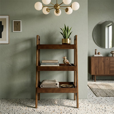Bibliothèque trapézoïdale, petite bibliothèque à trois niveaux, conception autoportante, style Mid-Century moderne, peu encombrante, table d'appoint en bois massif, finition noyer