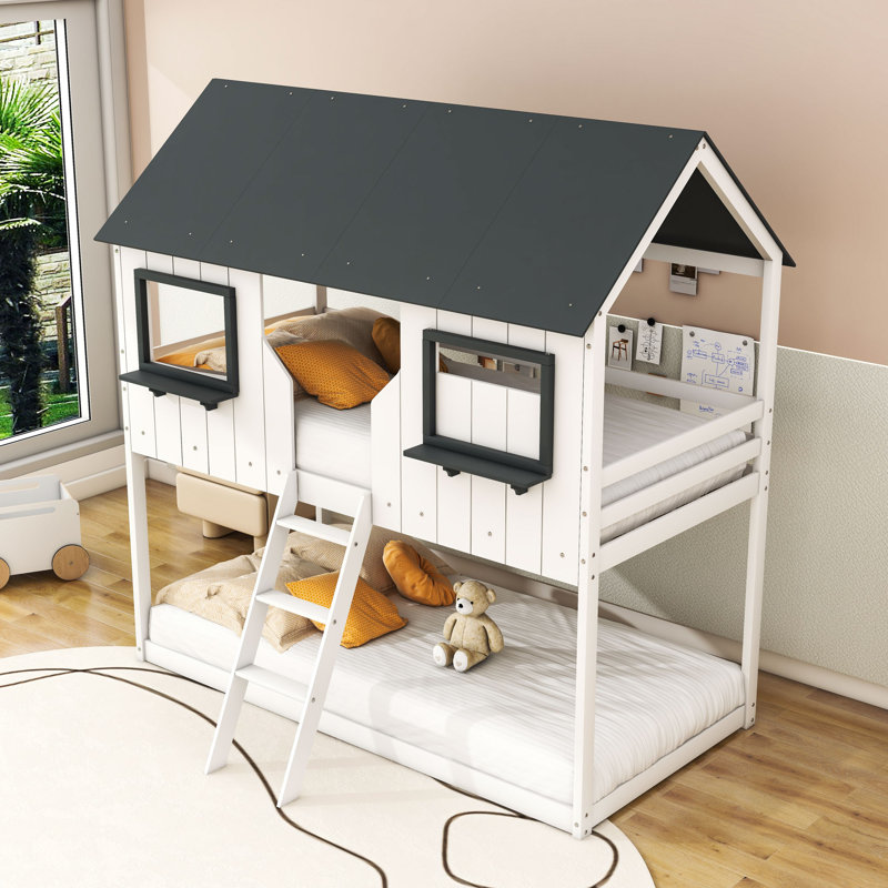 Arlton Twin Over Twin Wooden Playhouse Bunk Bed With Roof, Window And Guardrail, White