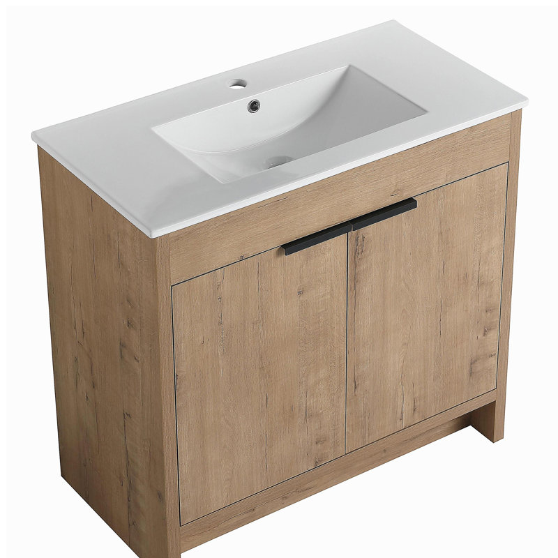 Commode de salle de bain autoportante 36 po avec lavabo en céramique blanche et 2 portes d'armoire à fermeture en douceur