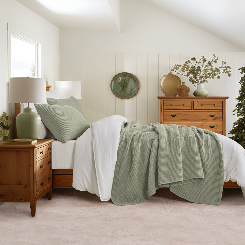 Ensemble de couvre-lit en coton côtelé matelassé, Courtepointe pour lit grand + deux taies décorati, Vert sauge