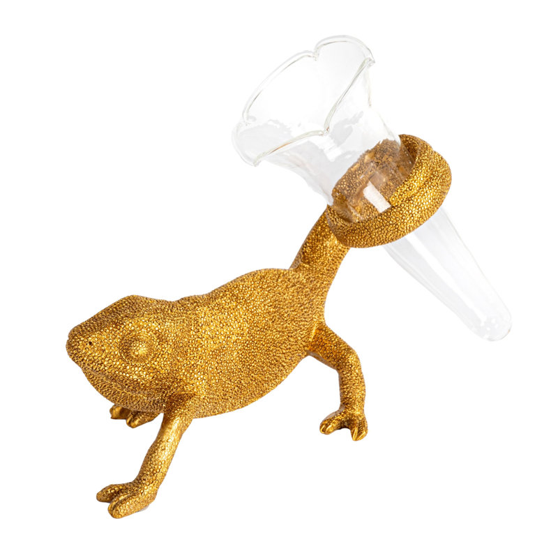 Caméléon en résine avec vase en verre
