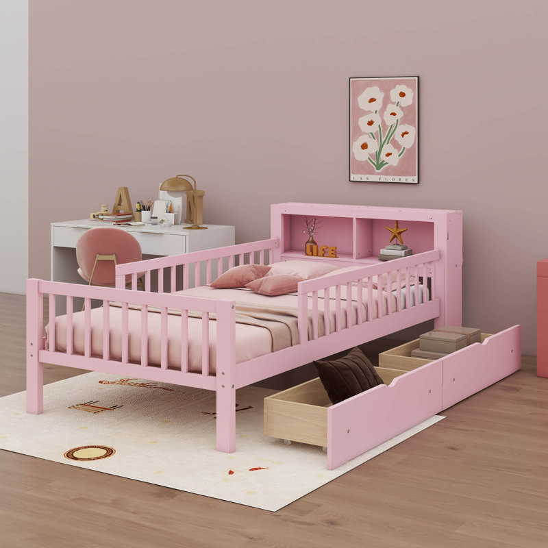 Lit simple avec rangement intégré pour la tête de lit et deux tiroirs sous le lit, Rose