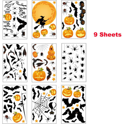 Décorations de vitrine d'Halloween : citrouilles, araignées et chauves-souris. Autocollants double face amovibles pour vitrines, parfaits pour les écoles, les magasins et les fêtes en intérieur.