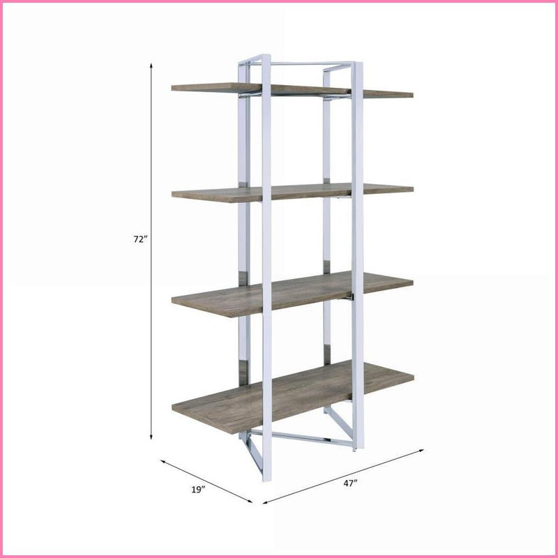 Bibliothèque, étagère autoportante moderne à 4 tablettes avec structure en métal chromé | Chrome | Métal