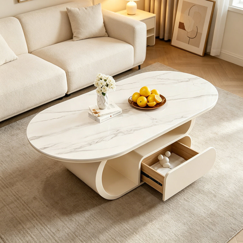Table basse moderne et luxueuse, H 15,74 po x L 47,24 po x l 23,62 po, Blanc / gris / crème