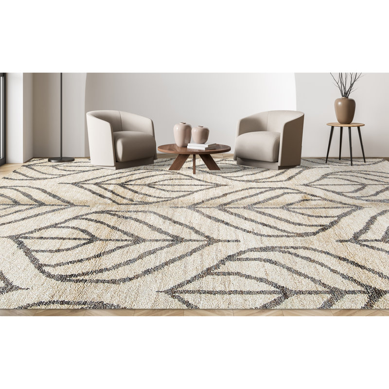 Hand-Knotted High-Quality Ivory and Black Area Rug