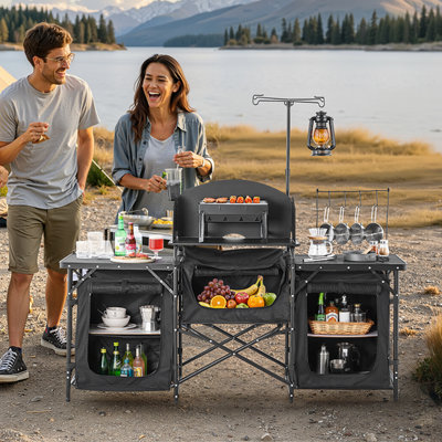 Camping Kitchen Table Portable Outdoor Cook Station Windshield Cupboard Aluminum by Arlmont & Co.
