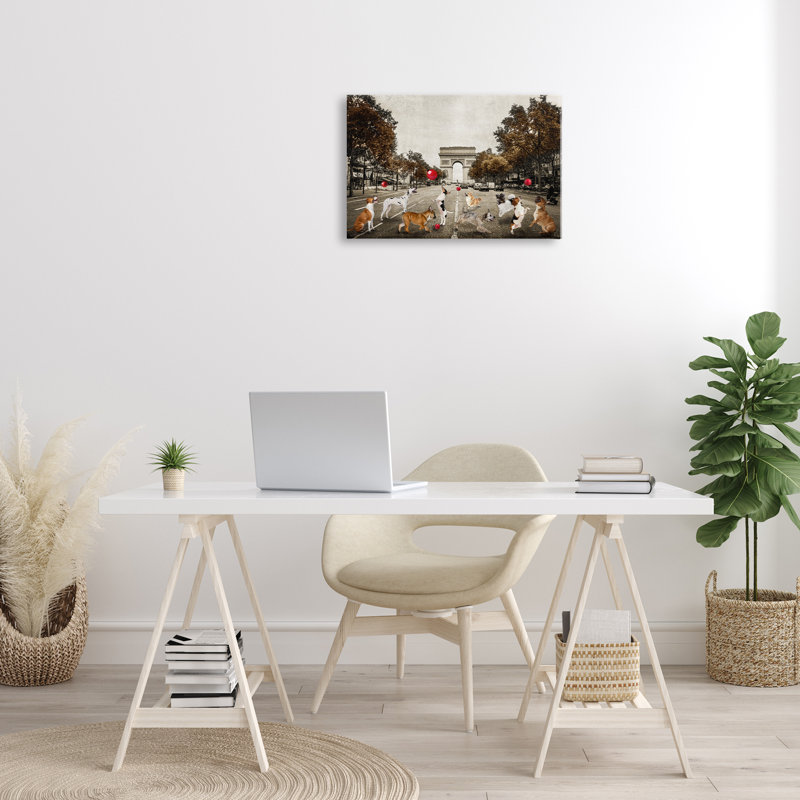 "Dogs jouer parmi l'architecture", art mural par CAD Designs, H 16 po x l 24 po