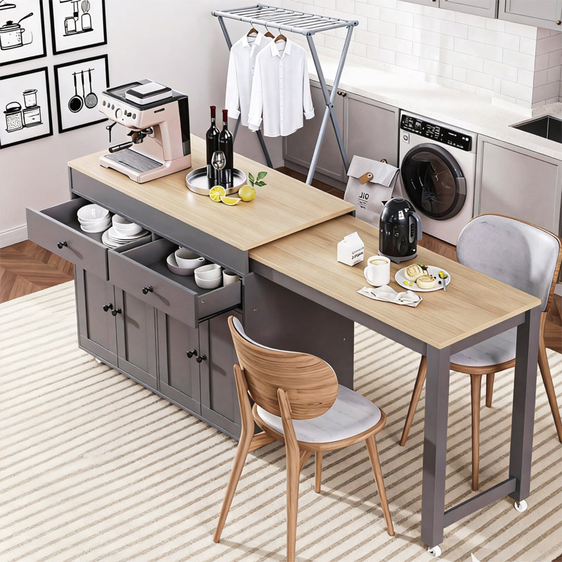 Kitchen Island With Extendable Dining Table, Gray