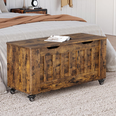 Storage Chest, Storage Trunk with 4 Wheels, 39.4'' Wooden Storage Bench with 2 Safety Hinges, Blanket Chest, Entryway Bench with Storage, Supports 350 Lbs, for Living Room, Rustic Brown