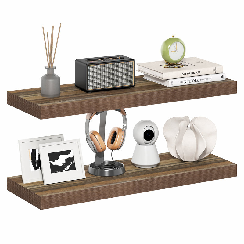 Furinno TANNA Floating Shelves for Wall Set of 2, 12 x 35 Wall Shelf, Wall Mounted Floating Shelf with Invisible Bracket, 2-in Thick Shelf, for Bathroom, Living Room, Bedroom, Home Office, Retro Brown