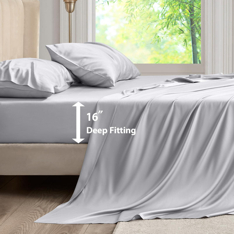 King Sheet Set, 100% Rayon Derived From Bamboo, 4-Piece, 16 Inch Deep Pockets, Cooling Sheets For King Size Bed Set, Breathable & Silky Soft, Hotel Bedding Sheets & Pillowcases, Grey